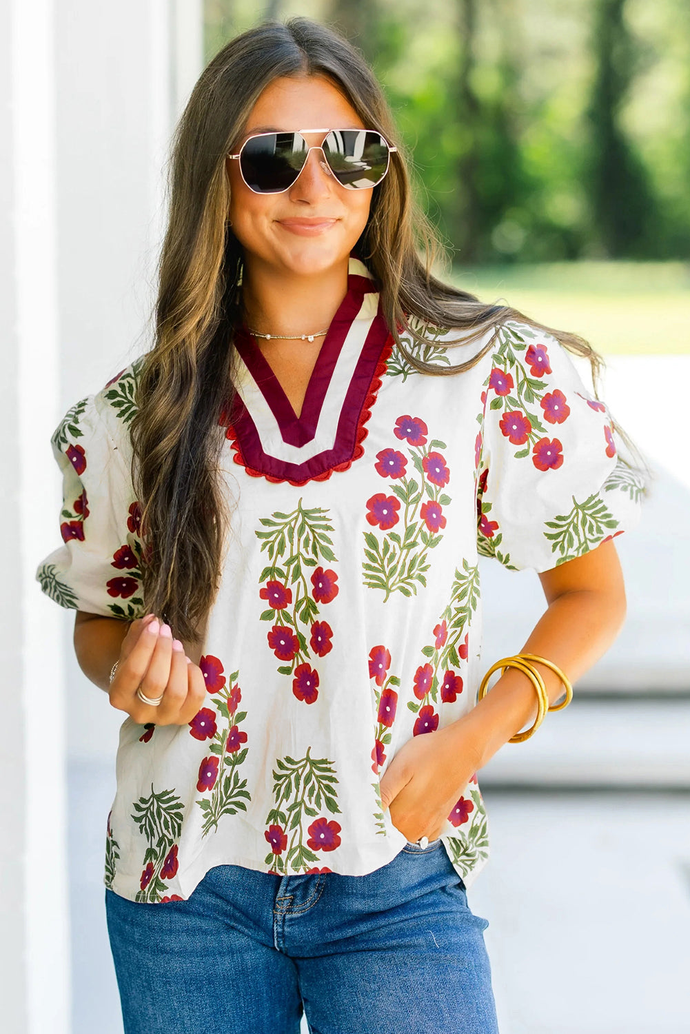 Black Floral Short Bubble Sleeve Contrast Slit Neckline Blouse