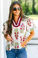 Black Floral Short Bubble Sleeve Contrast Slit Neckline Blouse