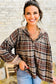 Brown Plaid Patchwork Long Sleeve Button Hooded Blouse