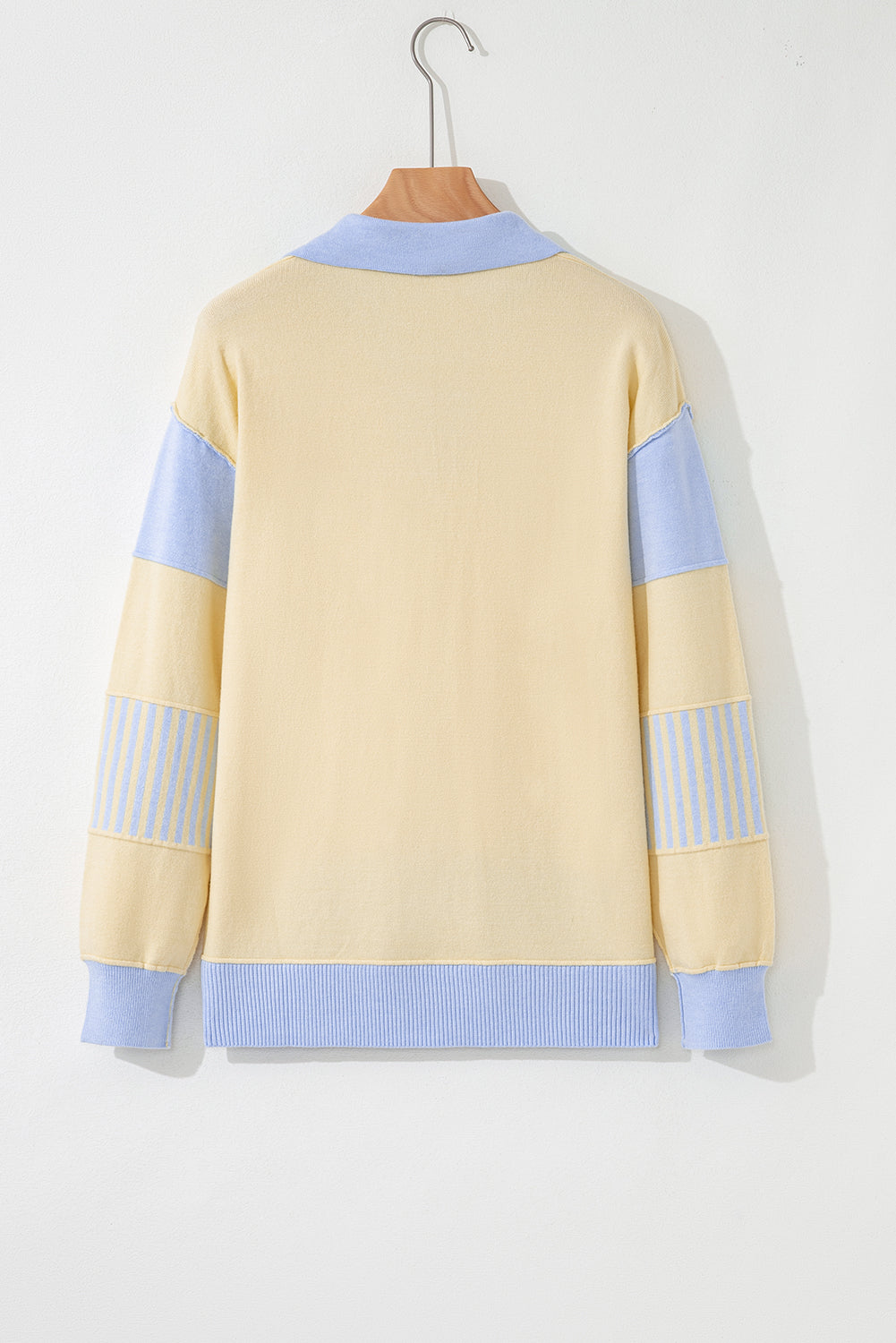 Pink Contrasting Polo Collar Color Block Knit Drop Shoulder Sweater