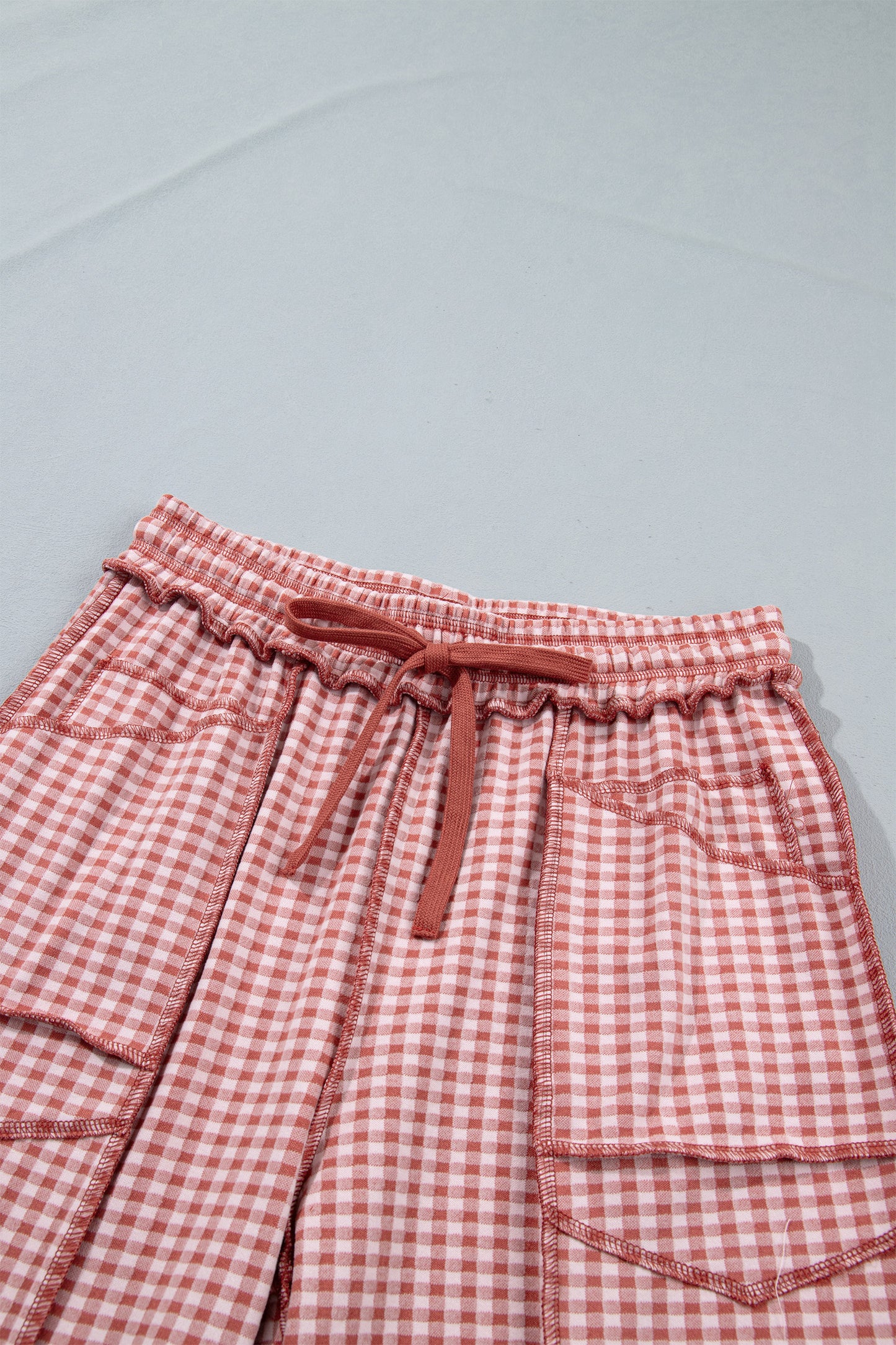 Red Plaid Contrast Trim Drawstring Elastic Waist Shift Pants
