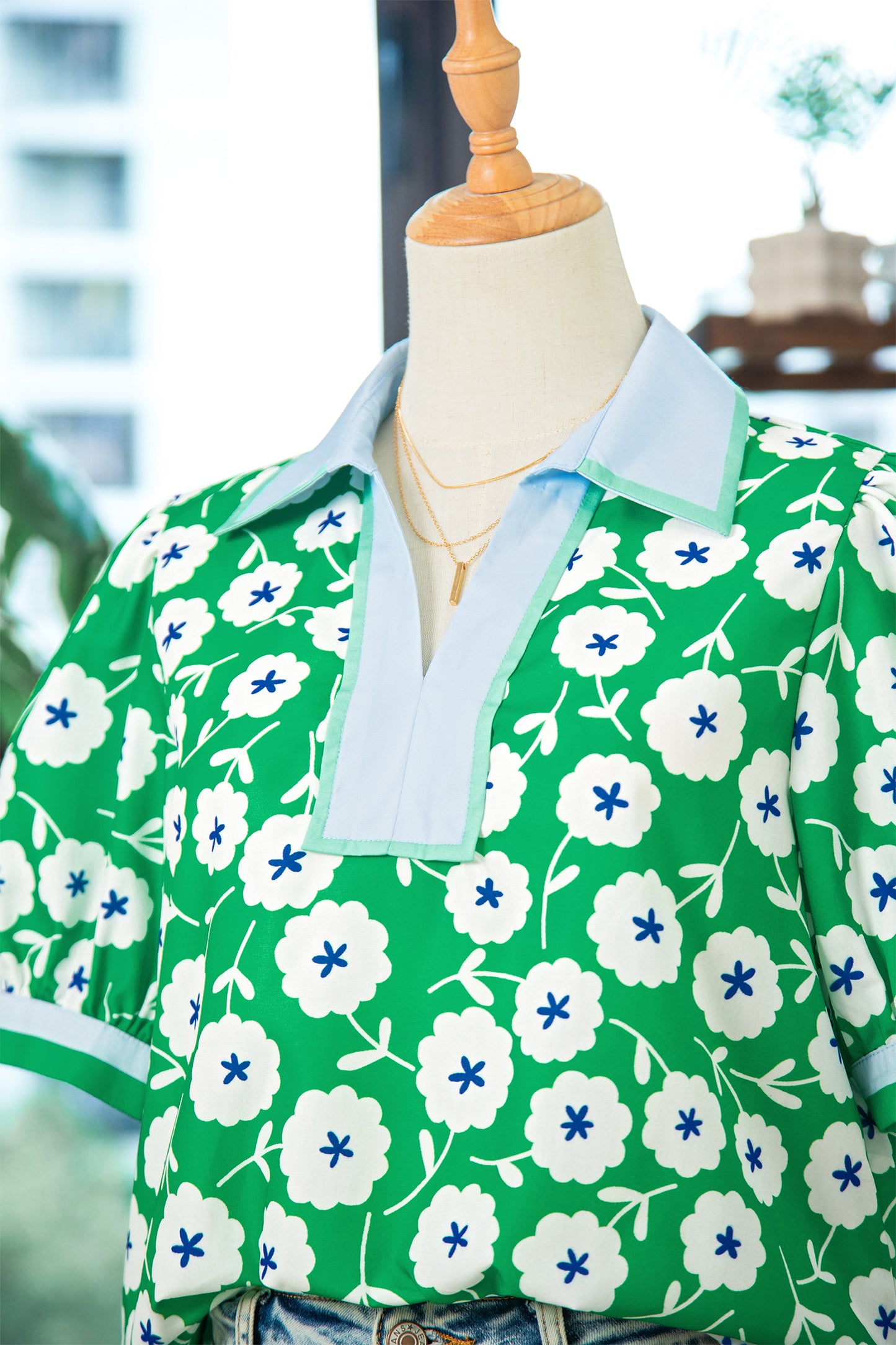 Green Flower Printed Contrast Patchwork Collar Short Sleeve Blouse