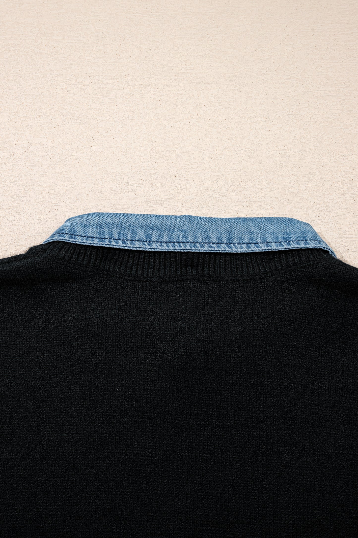Black Solid Color Knit Contrast Denim Patchwork Collar Sweater Vest