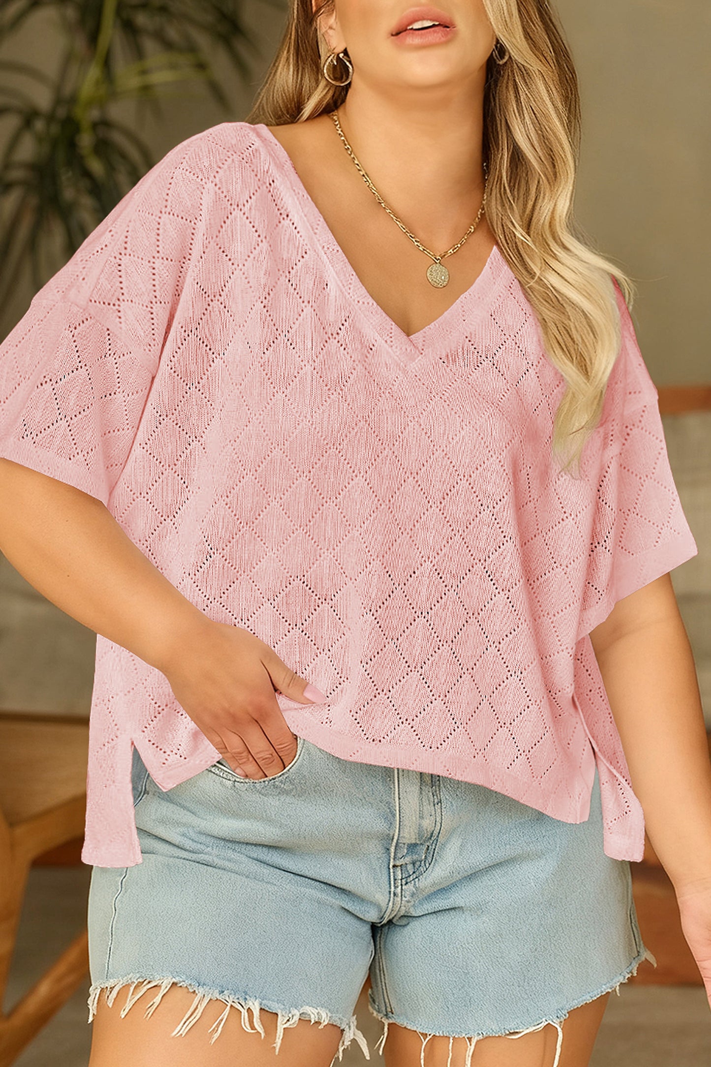 Golden Fleece Pointelle Rhombus Knit Plus Size V Neck Loose Top