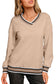 Navy Blue Varsity Contrast Striped Trim V Neck Sweatshirt