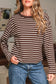 Brown Stripe Ribbed Cropped Crew Neck Long Sleeve T Shirt