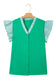 Dark Green Plus Size Button Front Ruffled Stripe Trim V Neck Flutter Sleeve Blouse