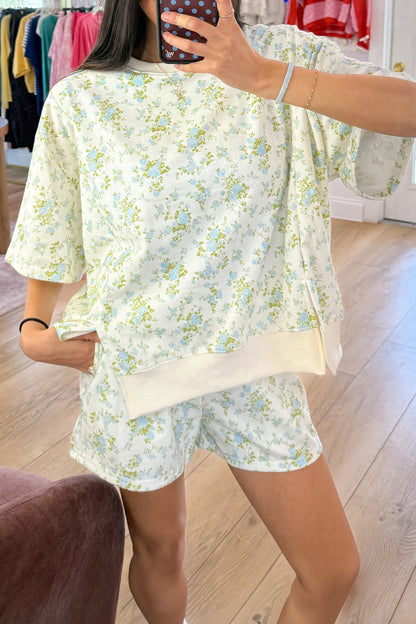 Sky Blue Floral Print Short Sleeve Elastic Waist Pocket Casual Two Piece Short Sets