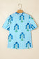 Sky Blue Stripe Floral Buttoned Frilly Notched Neck Puff Sleeve Summer Blouse