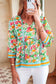 Green Floral Print Striped Trim Tie Neck Puff Sleeve Babydoll Blouse