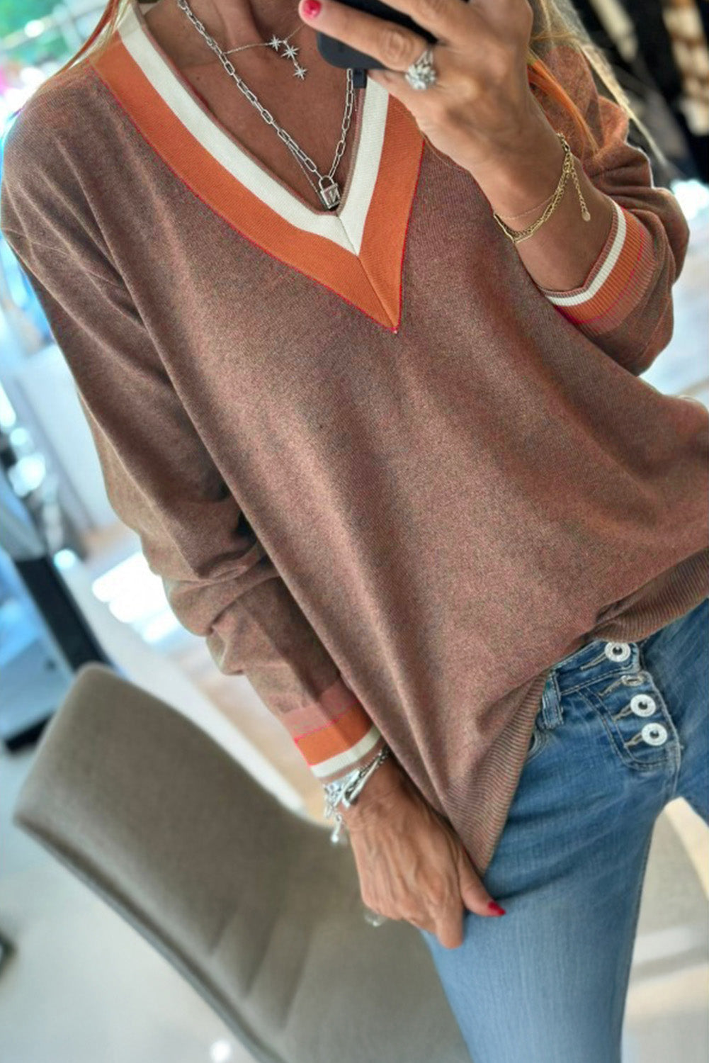 Gray Contrast Striped Trim V Neck Varsity Sweater