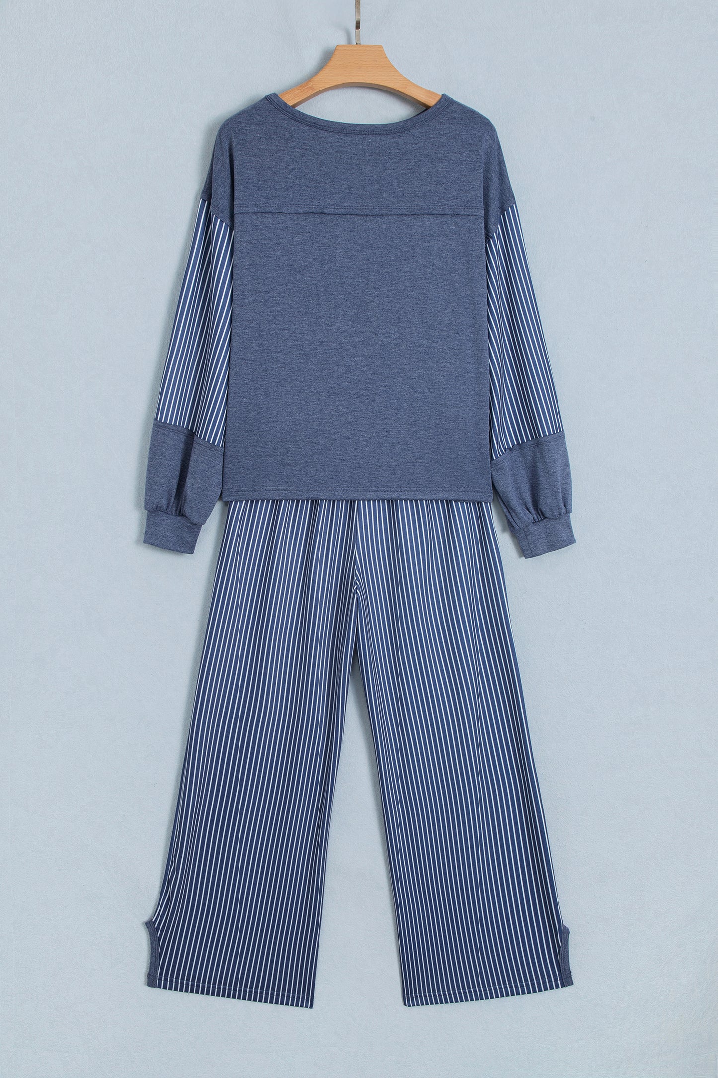 Real Teal Raw Seam Patchwork Long Sleeve Top Pocket Casual Pants 2pcs Set