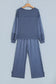Real Teal Raw Seam Patchwork Long Sleeve Top Pocket Casual Pants 2pcs Set