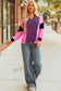 Pink Stripe Color Block V Neck Loose Fit Long Sleeve Top