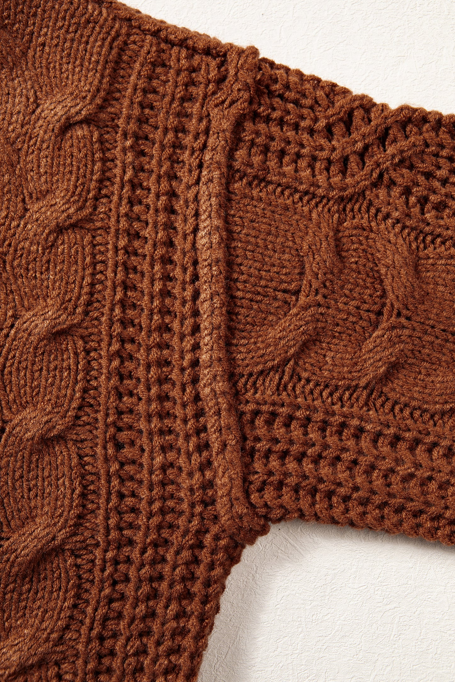 Coffee Solid Color Cable Knit High Neck Loose Pullover Sweater