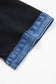 Black Waffle Knit Denim Contrast Trim Patchwork Button Polo Collar Top