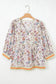 Black Plus Size Floral Print Contrast Trim Striped Detail Babydoll Blouse
