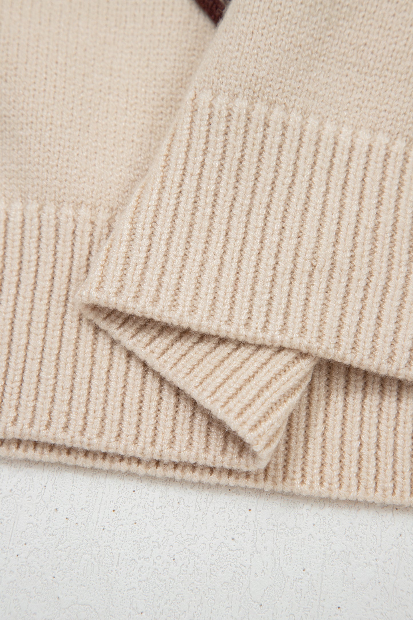 Parchment Corded Horseshoes Ribbed Trim Mock Neck Short Sleeve Sweater