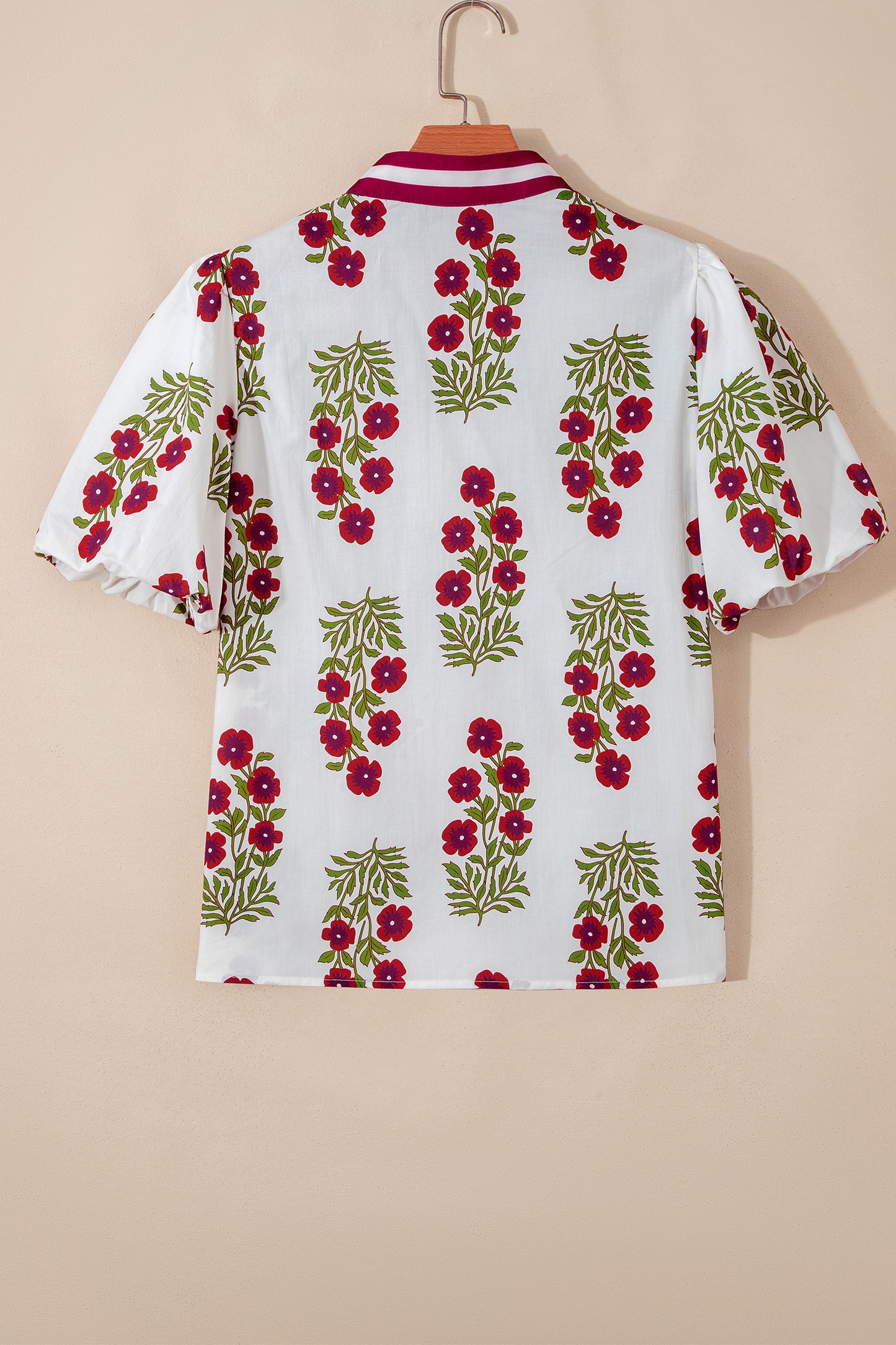Black Floral Short Bubble Sleeve Contrast Slit Neckline Blouse