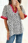 Pink Stripe Ruffled Trim V Neck Leopard Print Short Sleeve Blouse