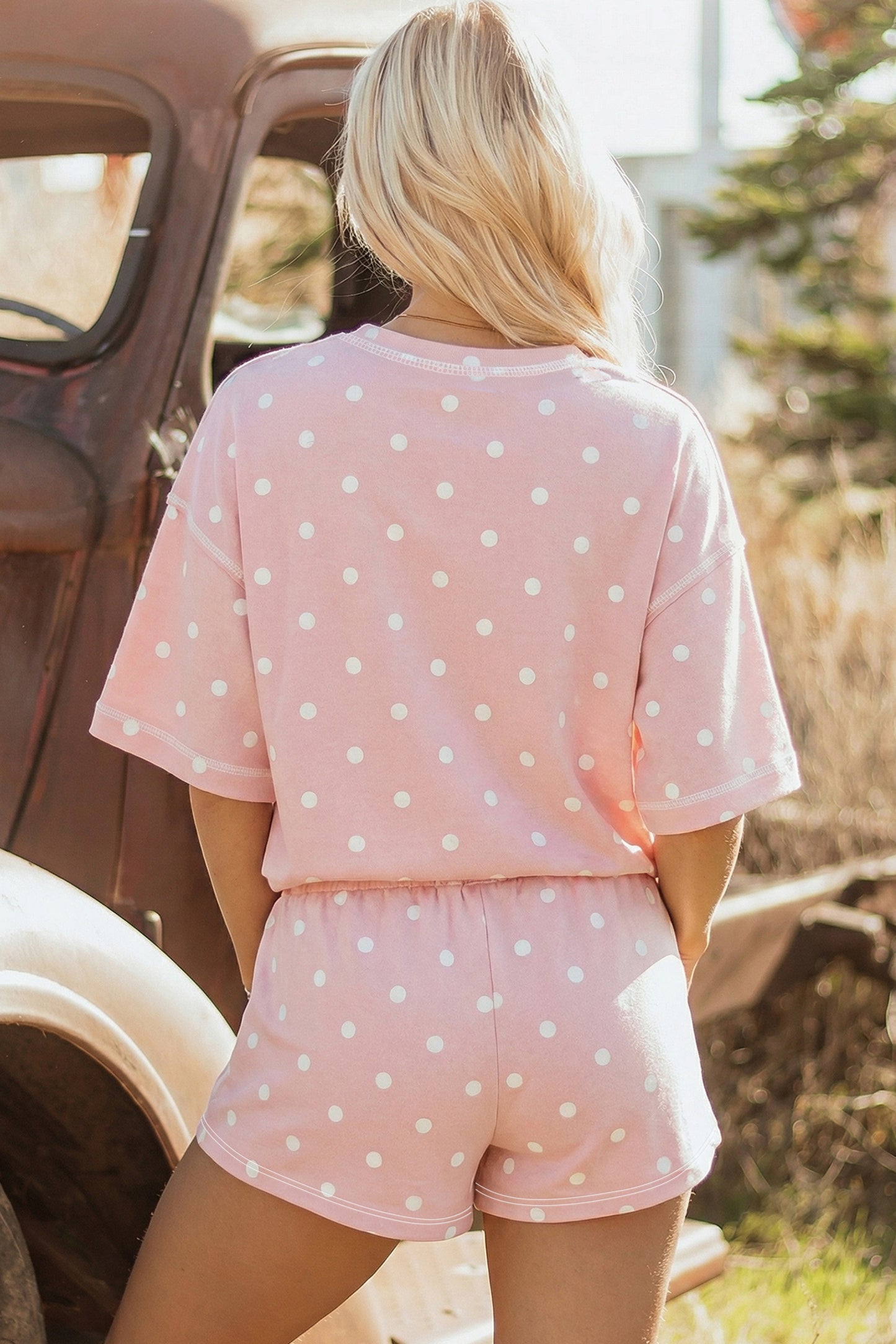 Black Exposed Seam Detail Polka Dot Loose Tee Drawstring Shorts Set