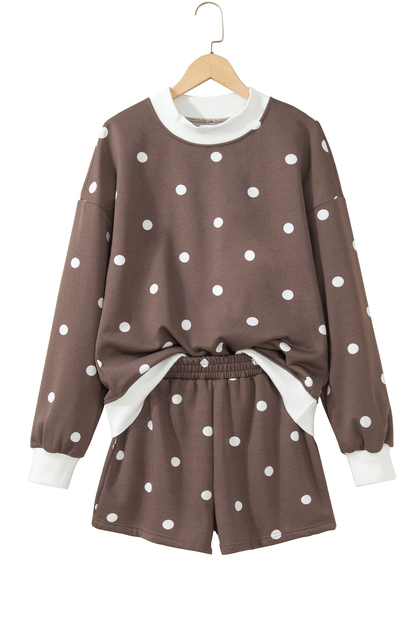 Brown Polka Dot Ribbed Trim Long Sleeve Top Casual Short Set