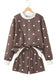 Brown Polka Dot Ribbed Trim Long Sleeve Top Casual Short Set