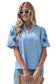 Beau Blue Flower Embroidered Puff Sleeve Split Neck Textured Blouse