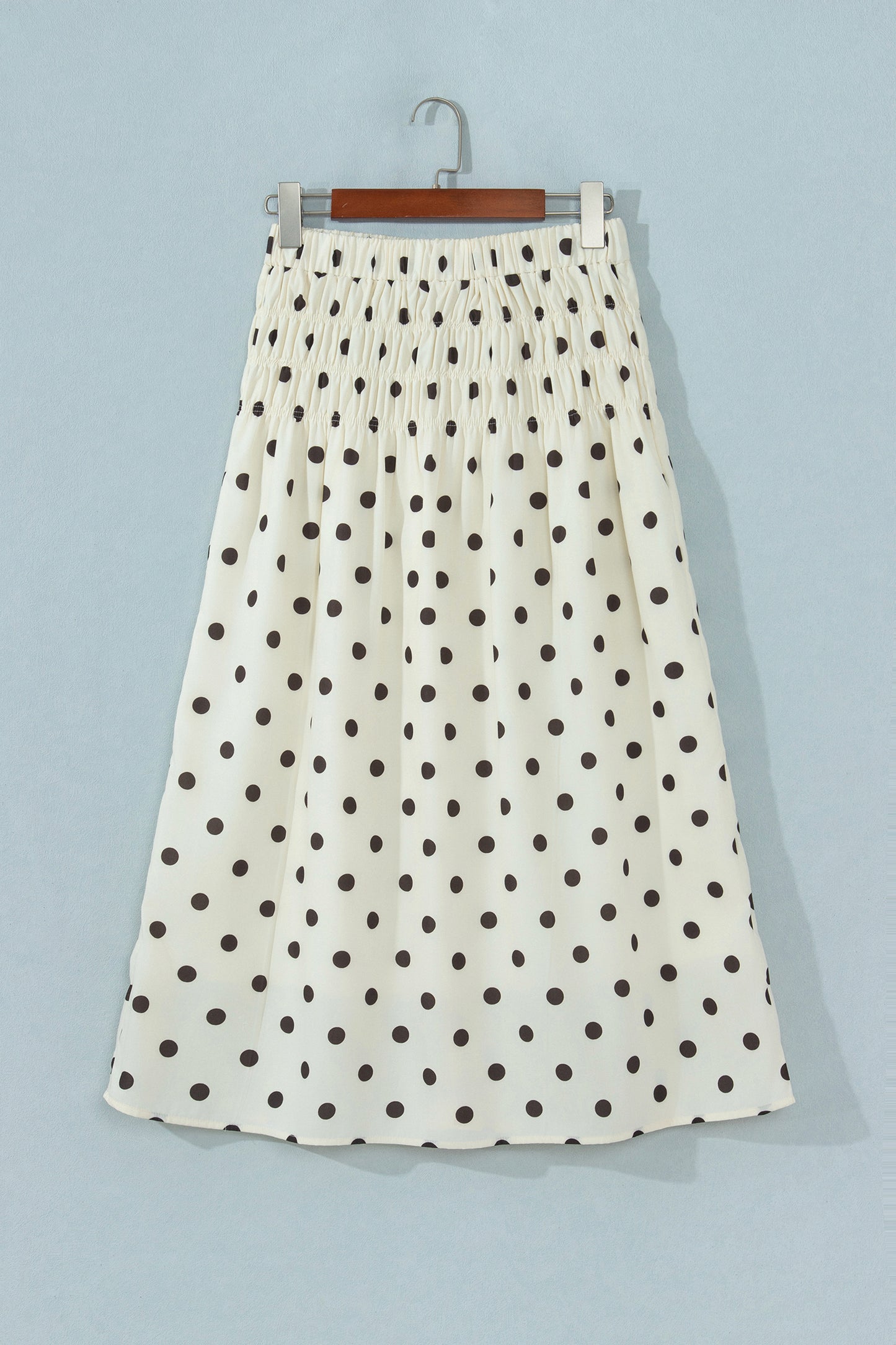 Beige Stripe Polka Dot Print Smocked High Waist Long Skirt