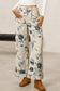 Beige Retro Floral Print Turn-up Cuffed Hem Loose Jeans