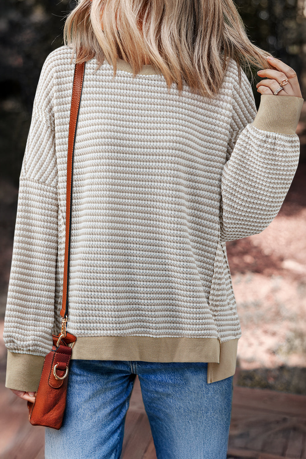 Red Stripe Ribbed Trim Drop Shoulder Long Sleeve Oversize Top
