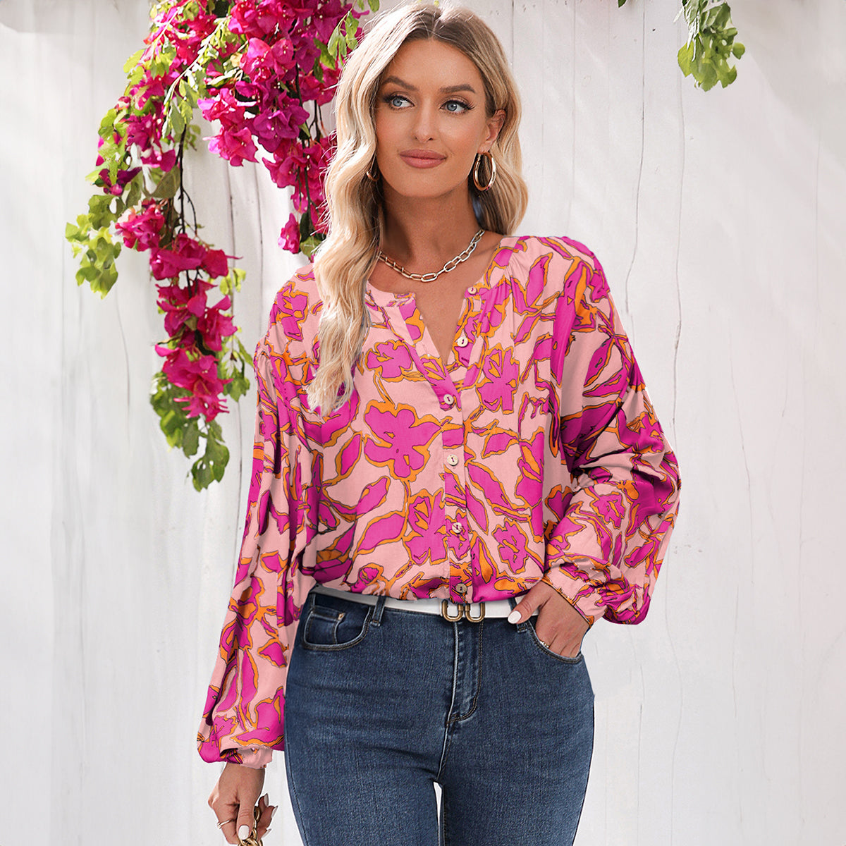 Gray Morn Floral Print Batwing Sleeve Buttoned Loose Fit Shirt