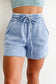 Sky Blue Mineral Washed Drawstring Elastic Waist Raw Cut Shorts