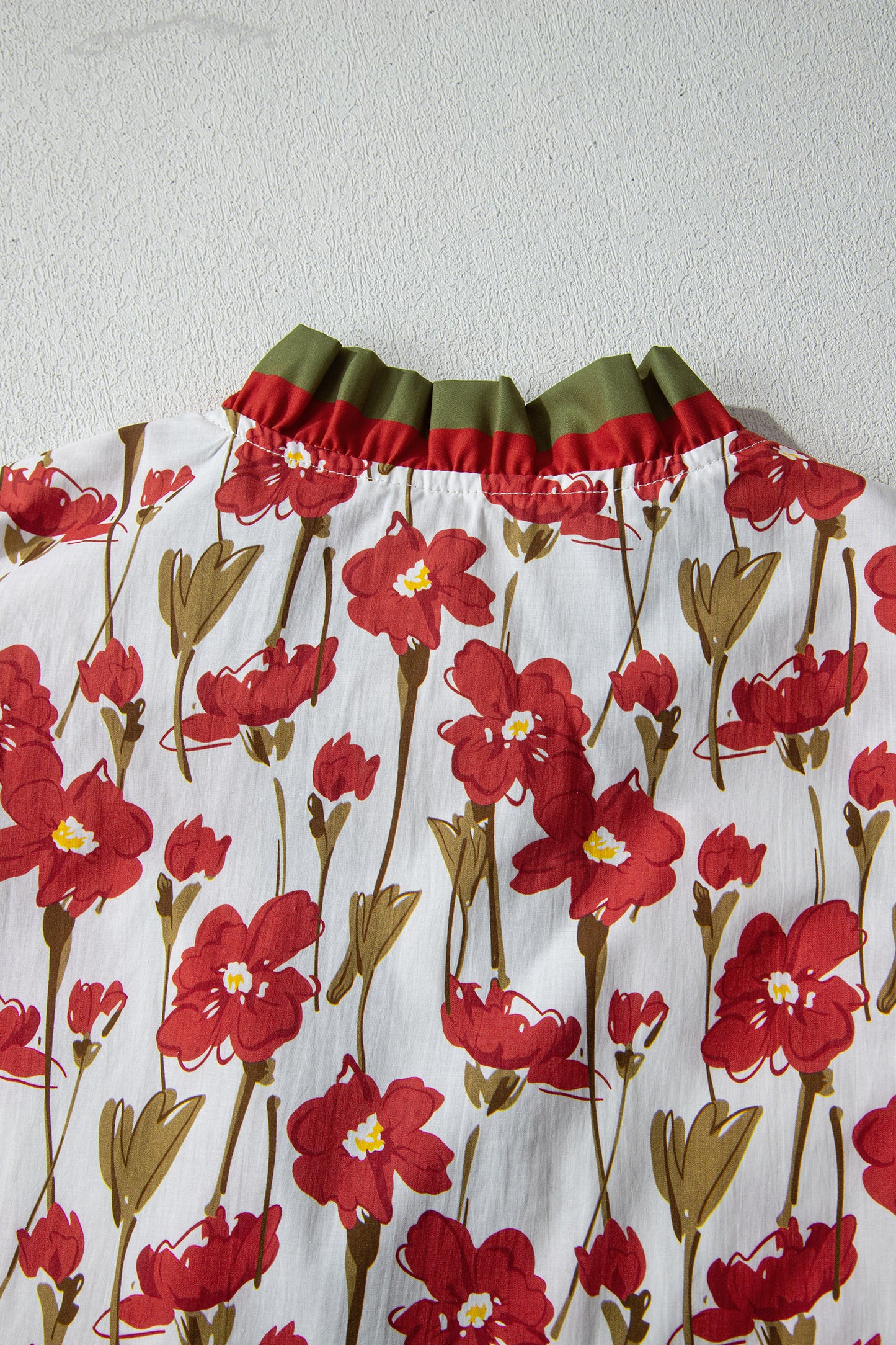 Pink Floral Print Contrast Trim V Neck Double Ruffled Short Sleeve Blouse
