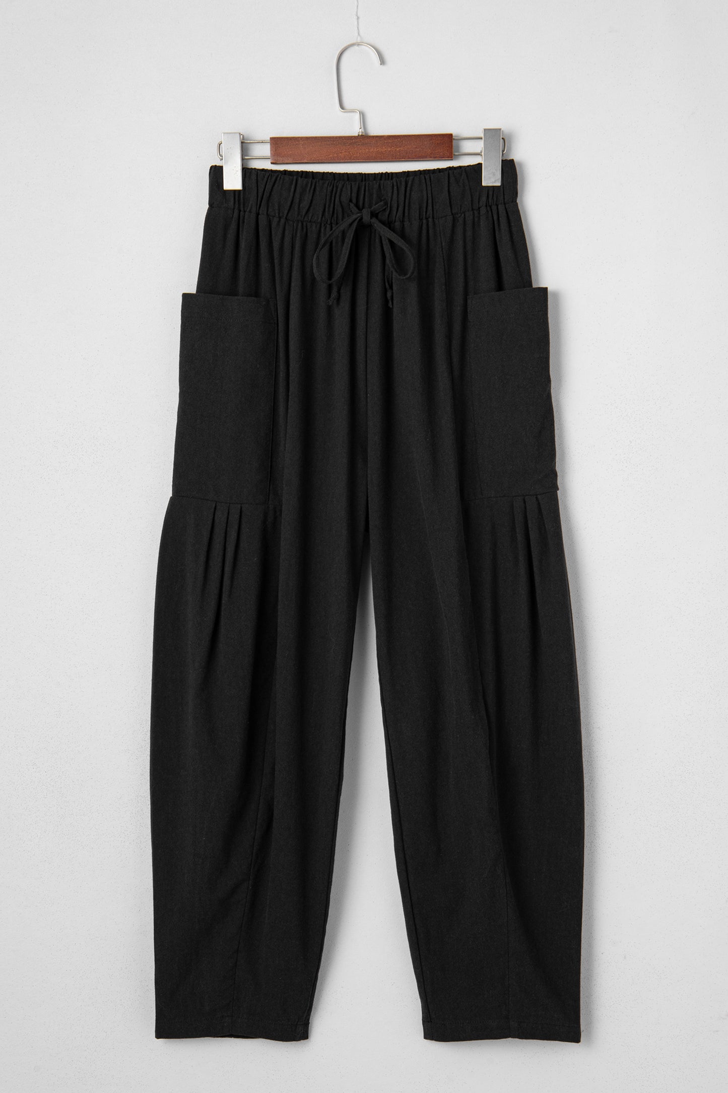 Jungle Green Drawstring Elastic Waist Patch Pocket Barrel Leg Casual Pants