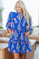 Blue Floral Print Button Detail 3/4 Puff Sleeve Ruffle Hem Dress