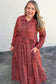 Red Leopard Print Long Sleeve V Neck Plus Size Midi Dress