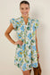 Beige Floral Print V Neck Triple Ruffle Short Sleeve Shift Mini Dress