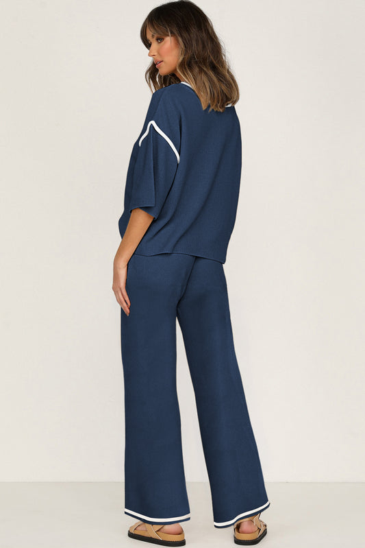 Navy Blue Contrast Trim Half Sleeve Top Drawstring Pants Loose 2pcs Sweater Suit