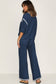 Navy Blue Contrast Trim Half Sleeve Top Drawstring Pants Loose 2pcs Sweater Suit