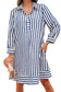 Blue Stripe Collared Half Button Side Pockets Loose Fit Mini Dress