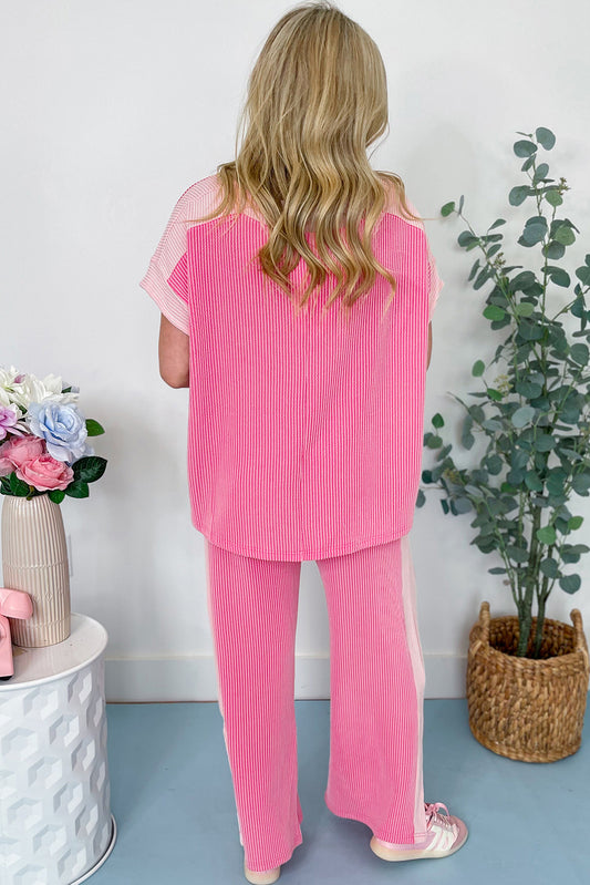 Sachet Pink 2-tone Colorblock Patchwork Corded 2pcs Outfit