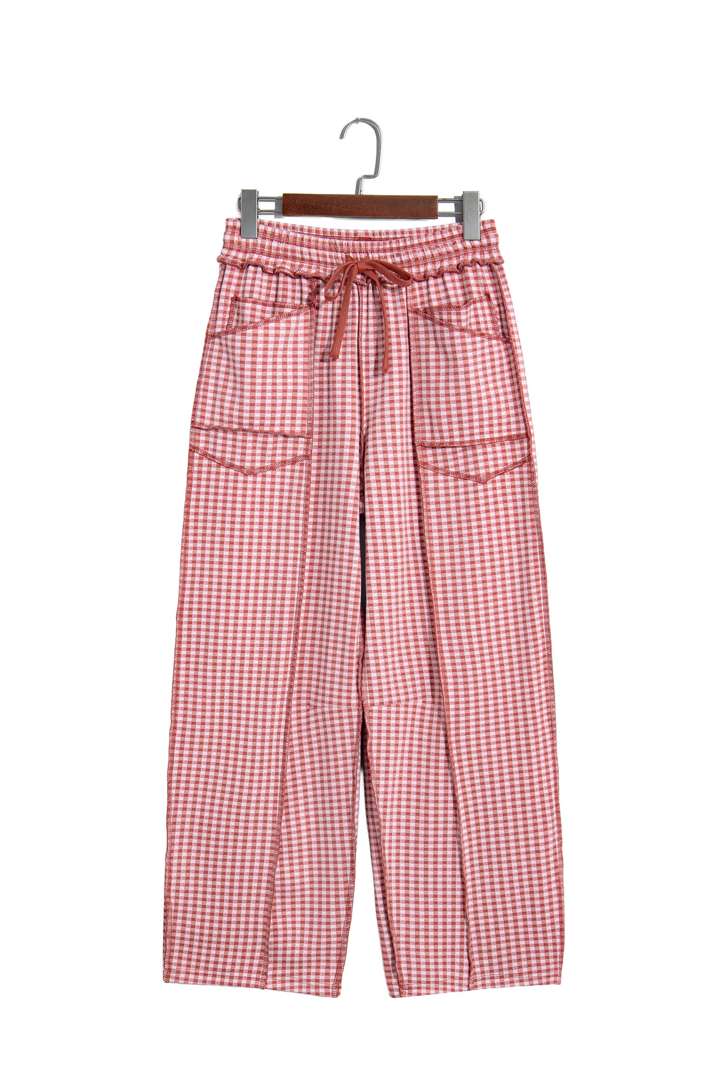 Red Plaid Contrast Trim Drawstring Elastic Waist Shift Pants
