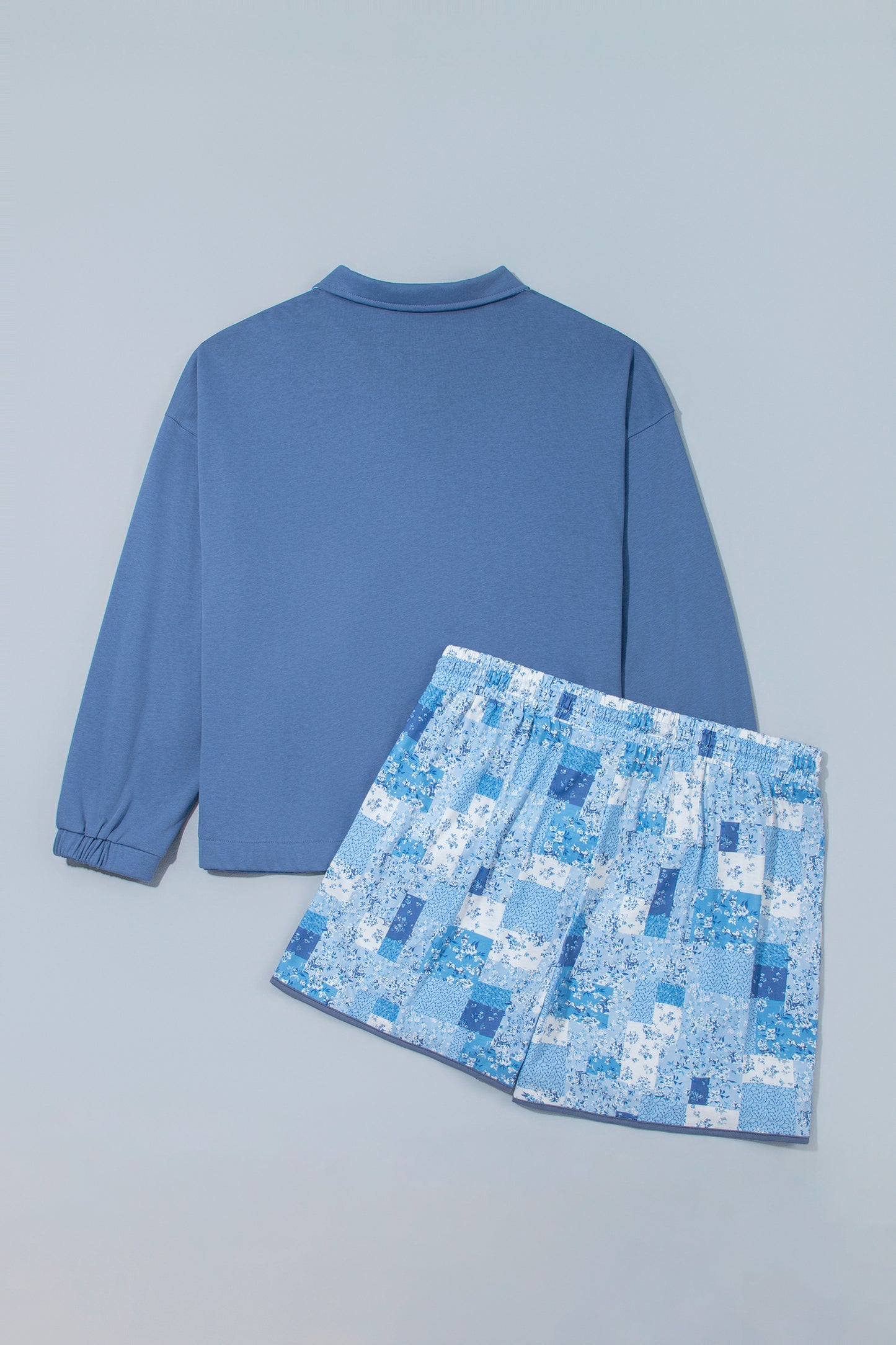 Blue Floral Patchwork V-Neck Long Sleeve Short Bottoms Plus Size Set