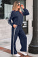 Gray Morn Varsity Striped Detail Crewneck Pullover Elastic Sweatpants 2pcs Outfit