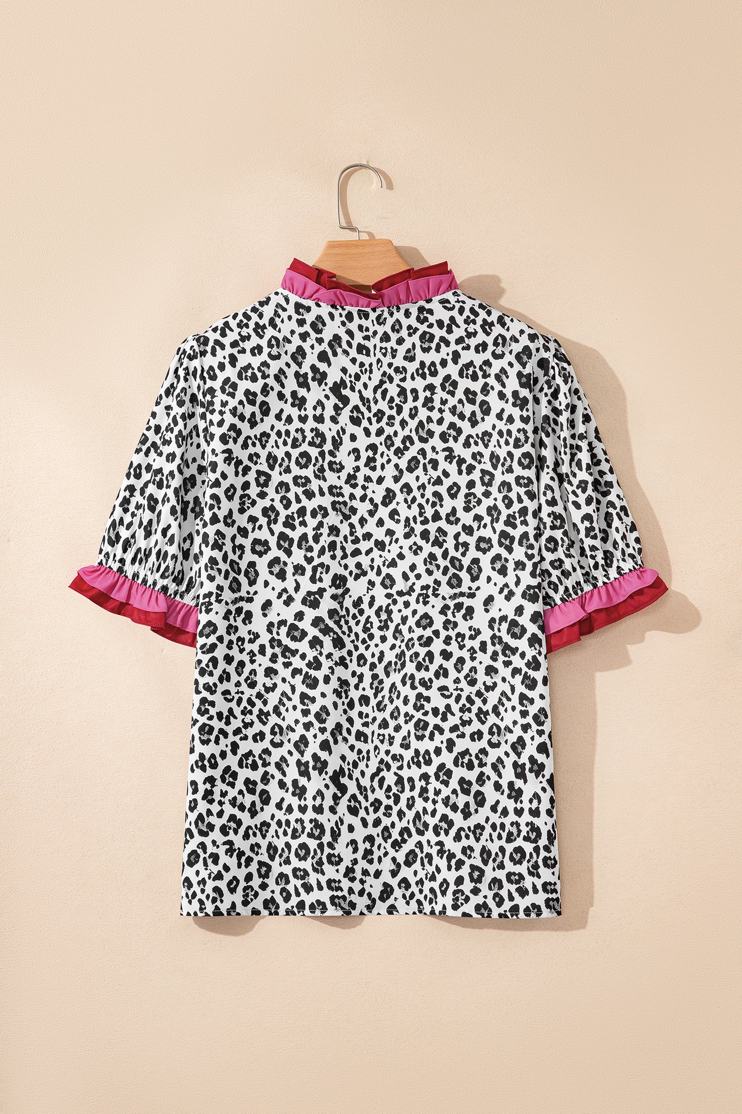 Pink Stripe Ruffled Trim V Neck Leopard Print Short Sleeve Blouse