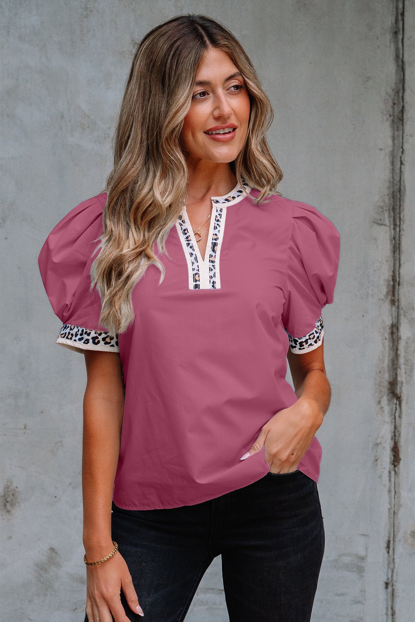 Buckskin Contrast Leopard Trim Split Neck Puff Sleeve Blouse