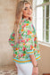 Green Floral Print Striped Trim Tie Neck Puff Sleeve Babydoll Blouse
