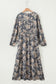 Sky Blue Plus Size Floral Print Split Neck Shirred High Waist Long Sleeve Maxi Dress