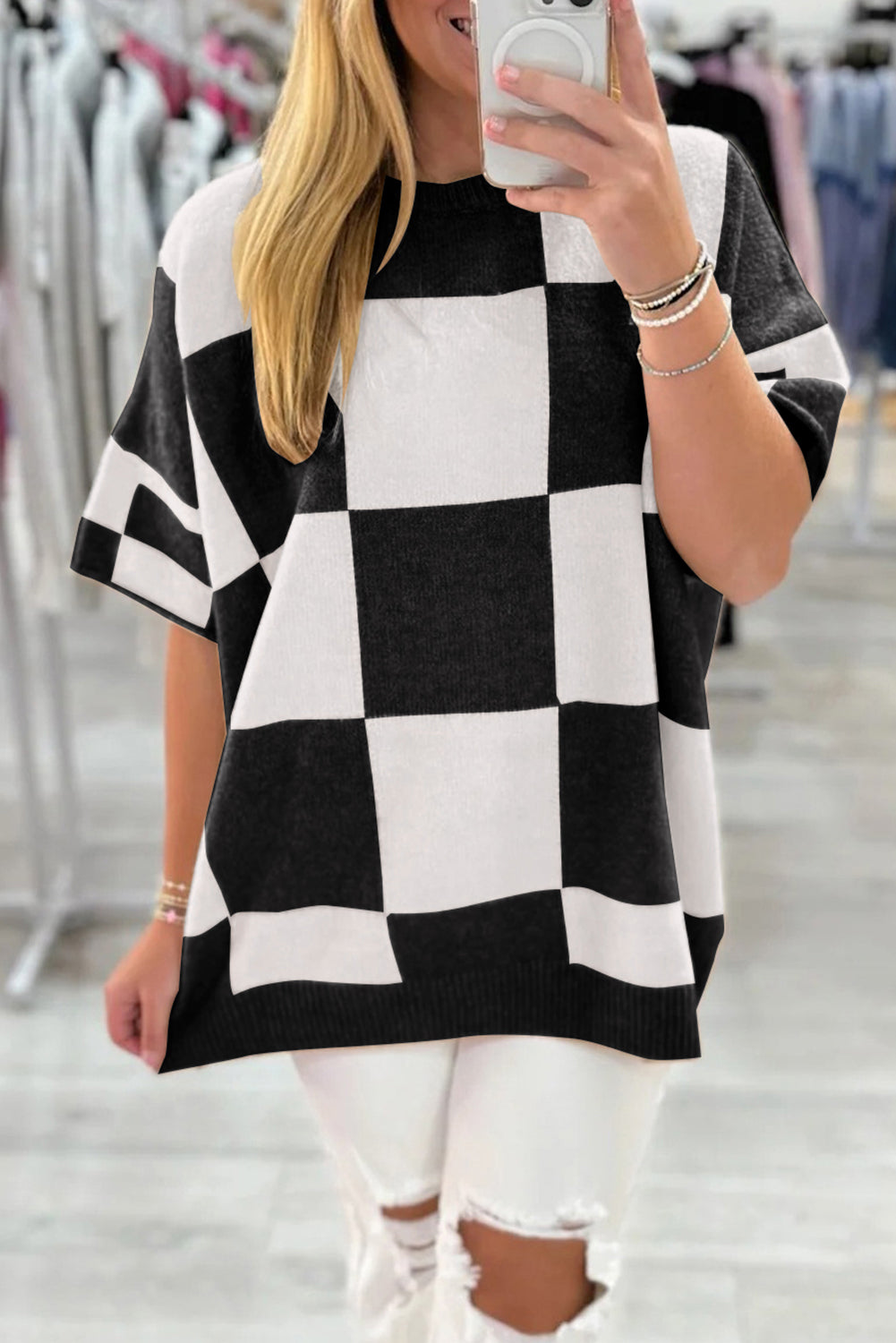 Light French Beige Checkered Pattern Loose Drop Shoulder Half Sleeve Sweater